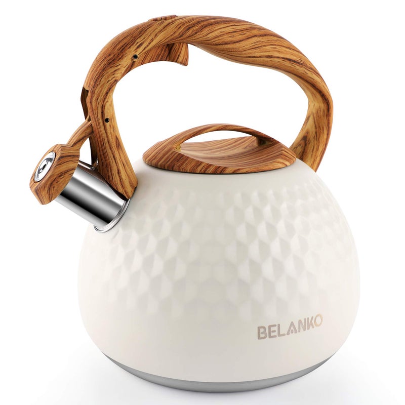 BELANKO Tea Kettle  2.7 Quart / 3 Liter BELANKO Stainless Steel Kettles for Stove Top  Food Grade Teapot with Wood Pattern Handle Loud Whistling for Coffee  Milk etc  Gas Electric Applicable - Milk White - Image 1